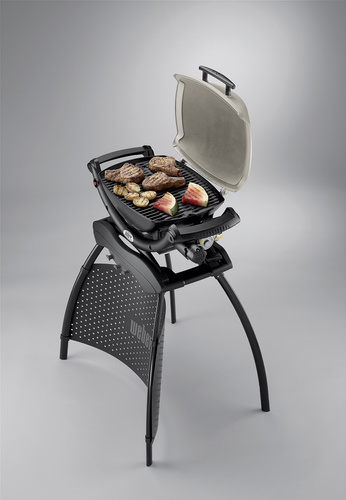 50060304G 2014 Weber Q 1000 Gas Grill With Stand LP Titanium EU Feature With Food Facing Left